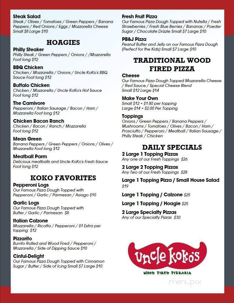 Uncle Koko's Wood Fired Pizzaria - Belle Vernon, PA menu_pic