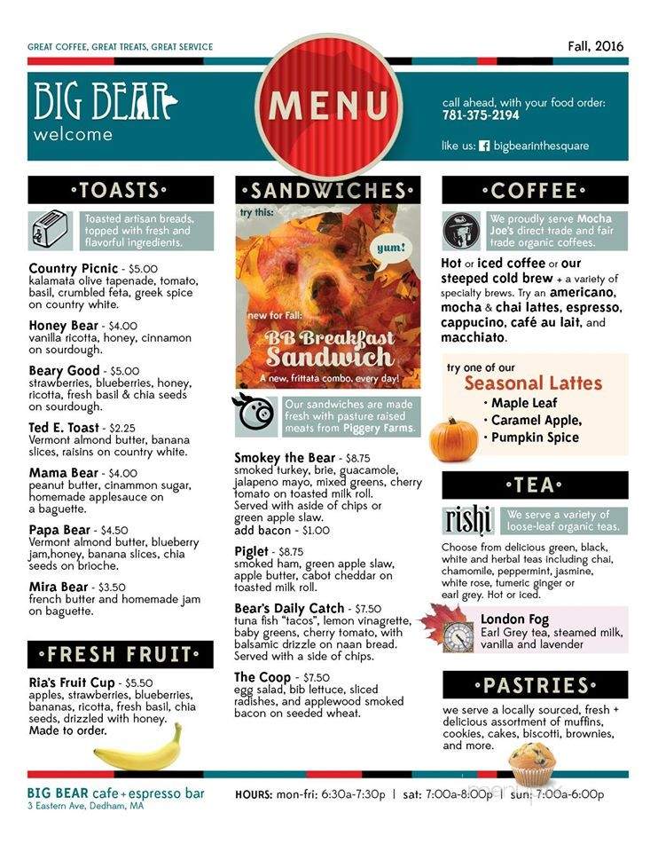 Big Bear Cafe & Espresso Bar - Dedham, MA menu_pic