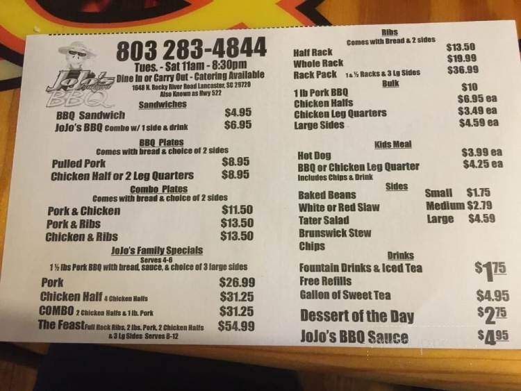 Jo Jo's Backyard BBQ - Lancaster, SC menu_pic