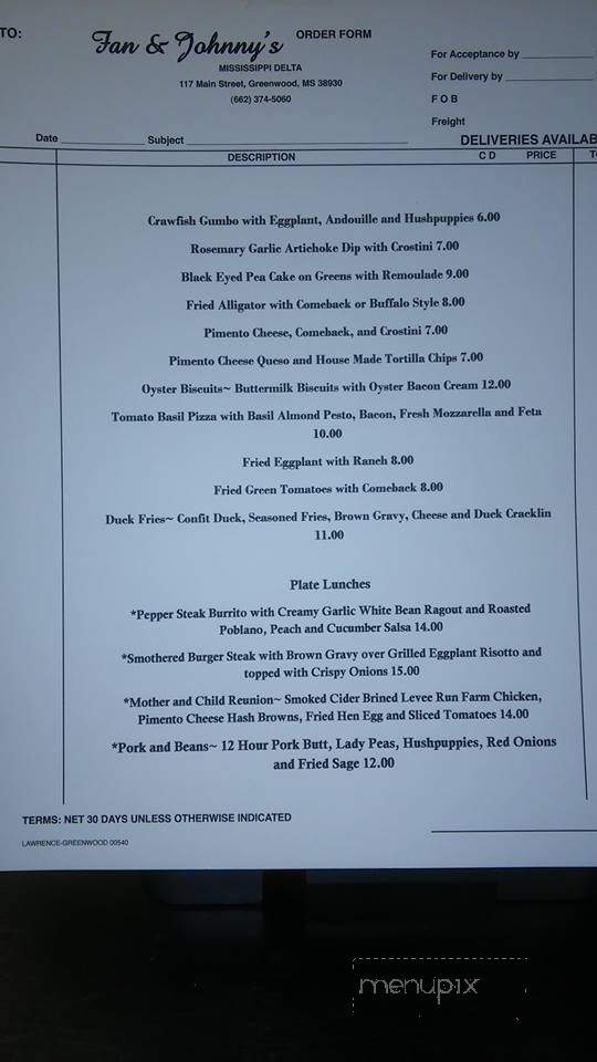 Fan and Johnny's - Greenwood, MS menu_pic
