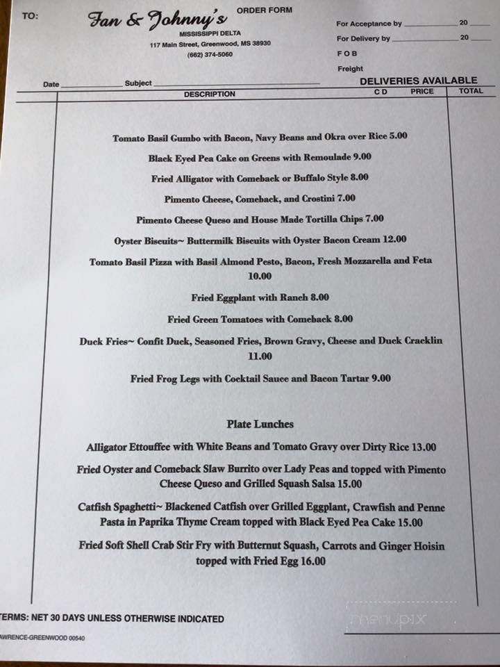 Fan and Johnny's - Greenwood, MS menu_pic