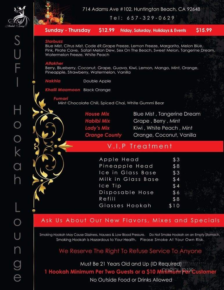 Sufi Hookah Lounge - Huntington Beach, CA menu_pic