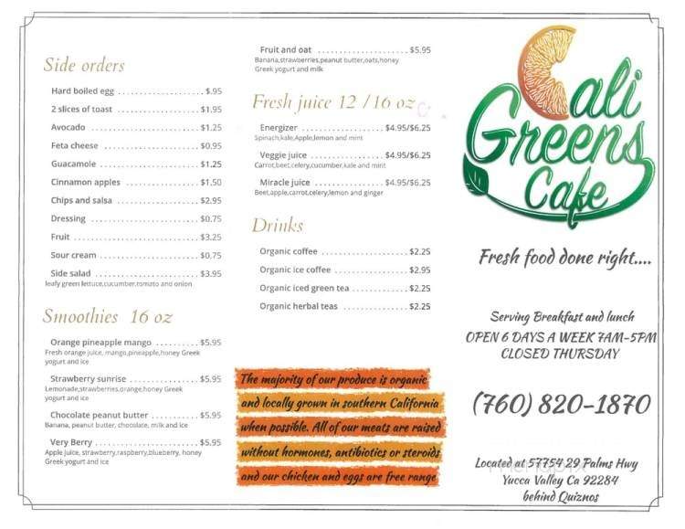 Cali Greens Cafe - Yucca Valley, CA menu_pic