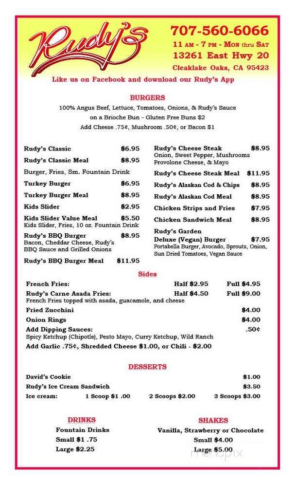 /29229261/Rudys-Burgers-Menu-Clearlake-Oaks-CA - Clearlake Oaks, CA