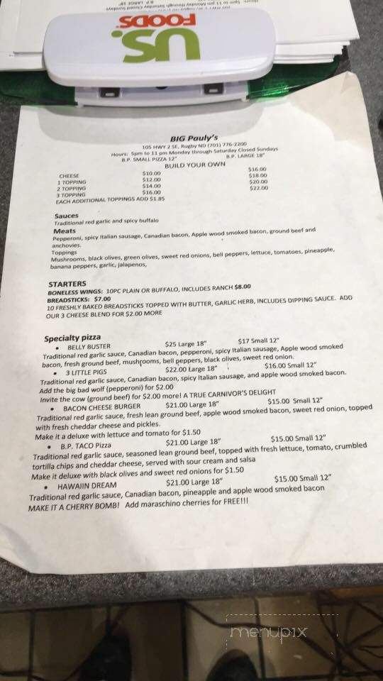 Big Pauly's - Rugby, ND menu_pic