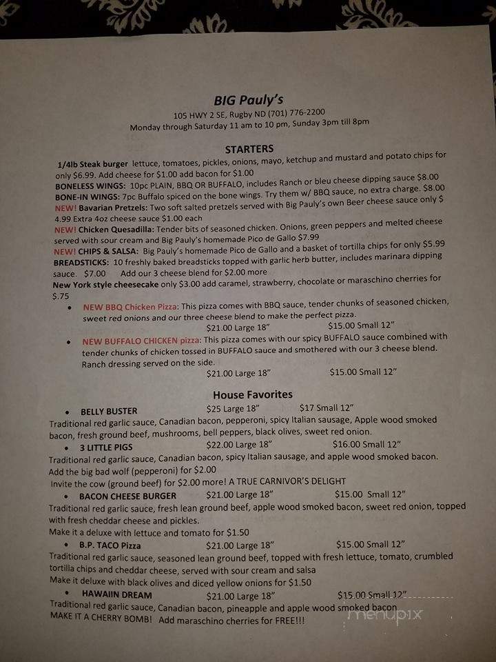 Big Pauly's - Rugby, ND menu_pic