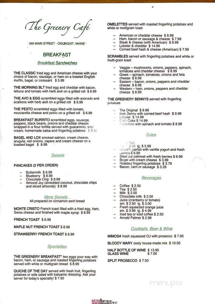 Menu of The Greenery Cafe in Ogunquit, ME 03907
