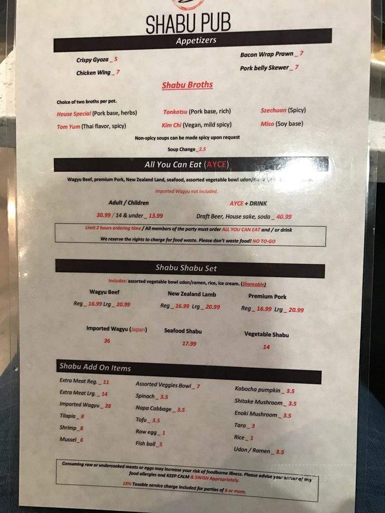 Shabu Pub - Sacramento, CA menu_pic