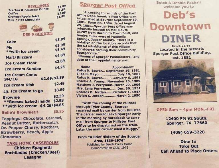 Deb's Downtown Diner - Spurger, TX menu_pic