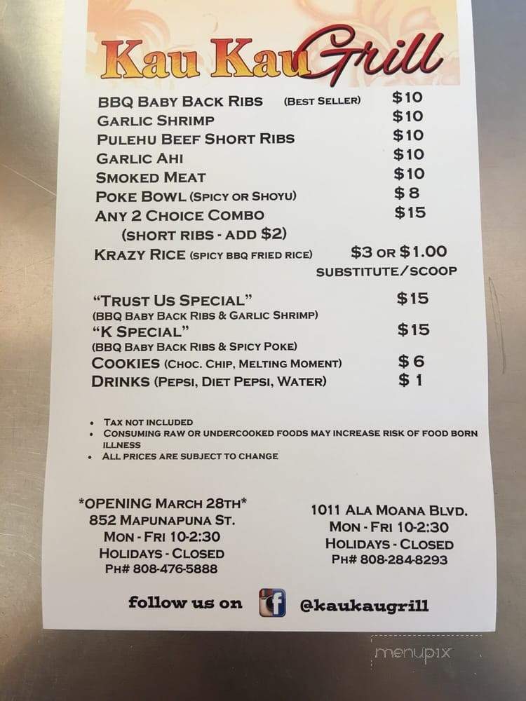 Kaukau Grill - Honolulu, HI menu_pic