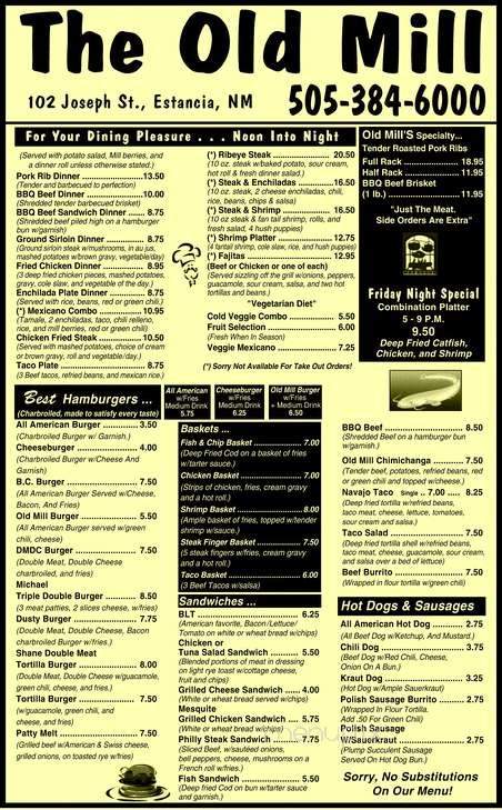 The Old Mill - Estancia, NM menu_pic
