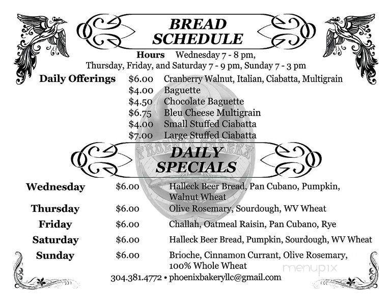 Phoenix Bakery - Morgantown, WV menu_pic