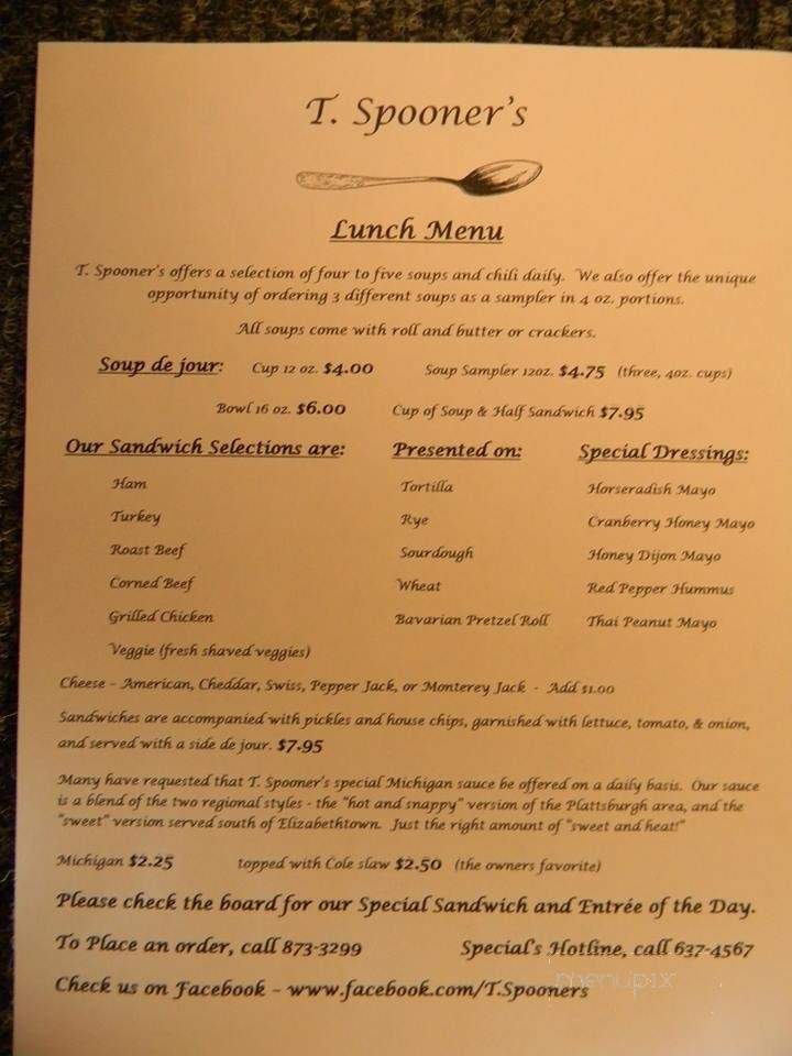 T. Spooner's Cafe - Elizabethtown, NY menu_pic