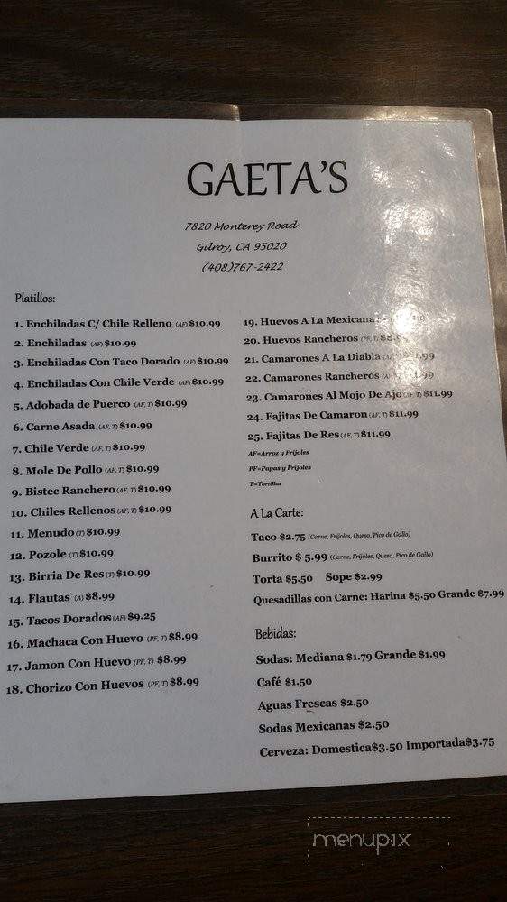 Gaeta's Restaurant - Gilroy, CA menu_pic