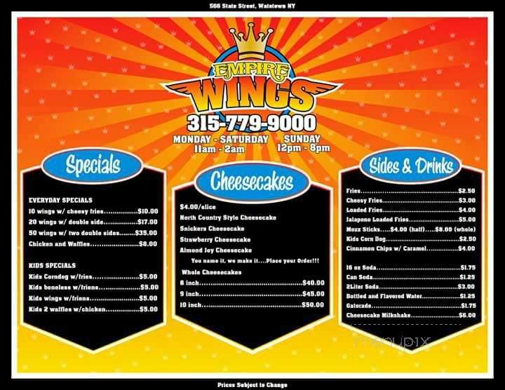 Menu of Empire Wings in Watertown, NY 13601