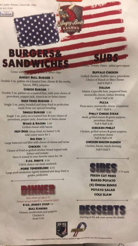 Angry Bull Saloon - Zanesville, OH menu_pic