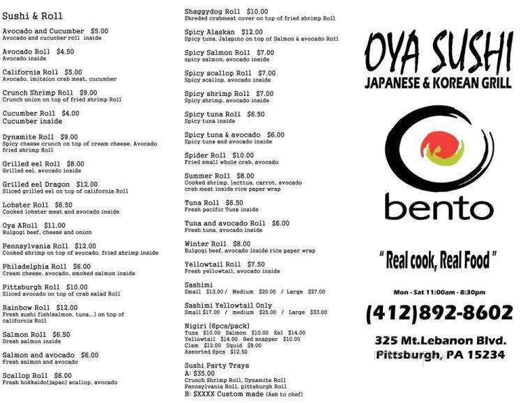Oya Sushi - Castle Shannon, PA menu_pic
