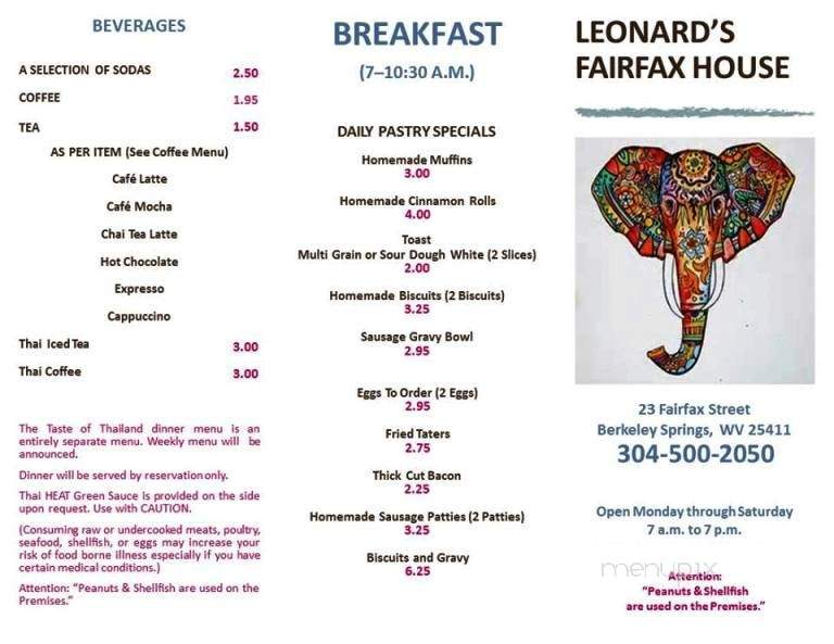Leonard's Fairfax House - Berkeley Springs, WV menu_pic