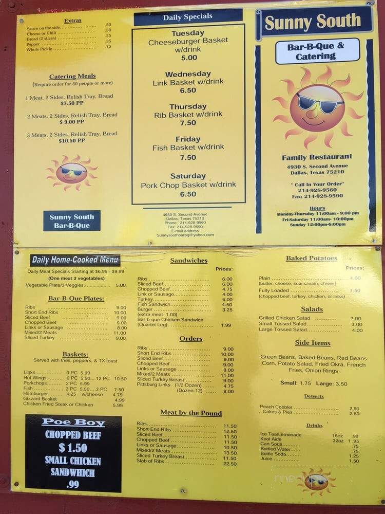 Sunny South Bar-B-Q - Dallas, TX menu_pic