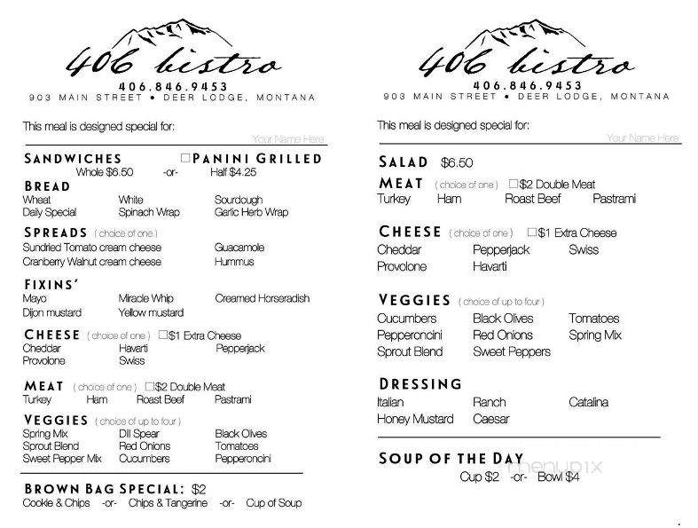 406 Bistro - Deer Lodge, MT menu_pic