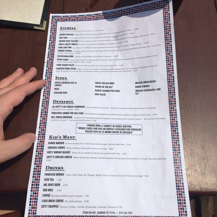 Lefty's Waterfront Bar & Grill - Bay City, TX menu_pic