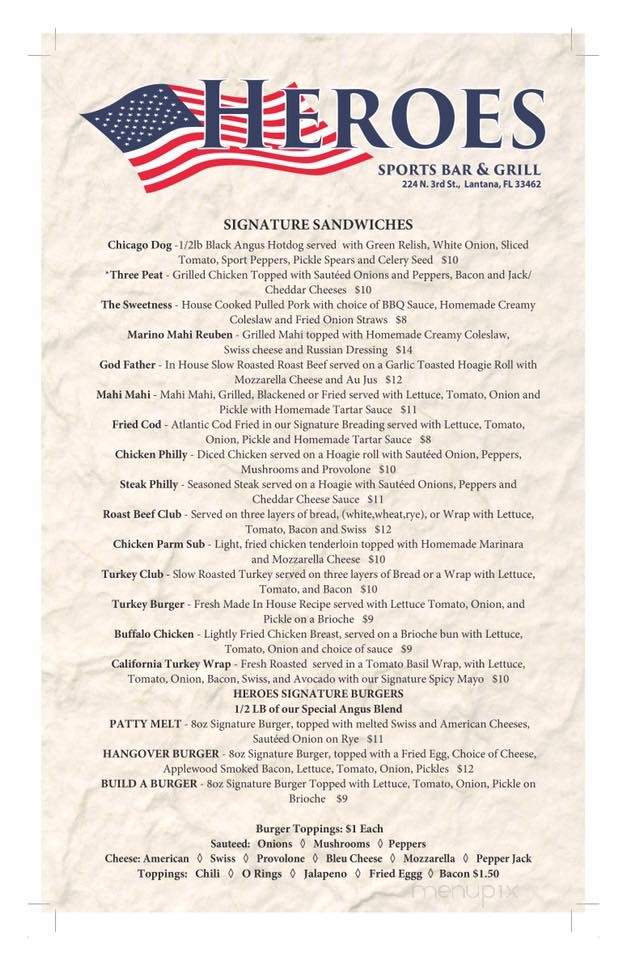 Hero's Sports Bar and Grille - Lantana, FL menu_pic