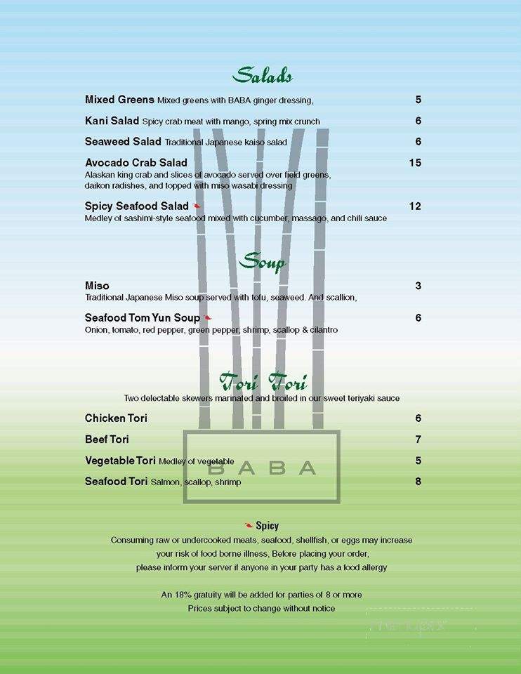 Baba Sushi - Sturbridge, MA menu_pic