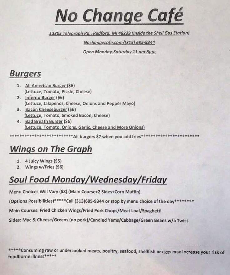 No Change Cafe - Redford, MI menu_pic