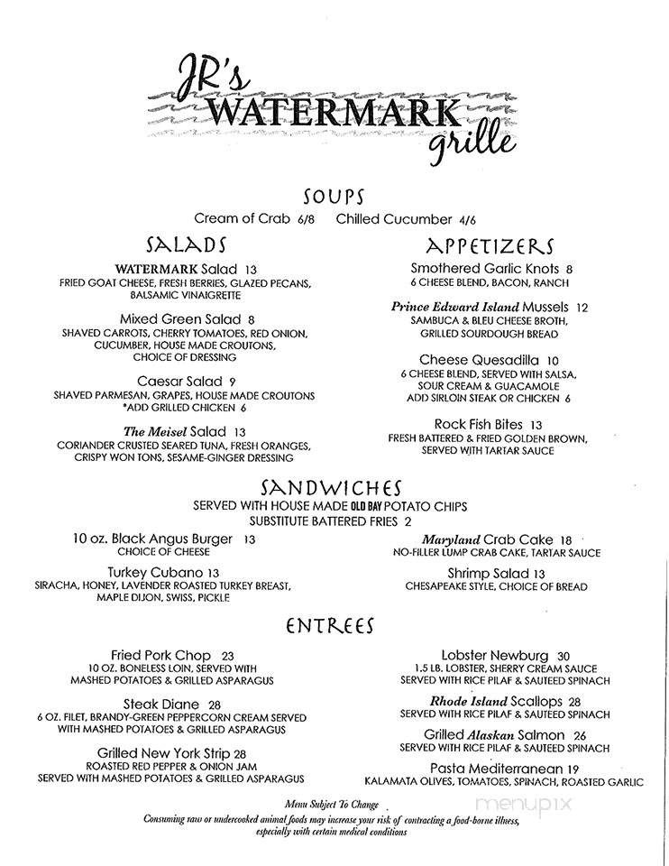 JR's Watermark Grille - Chestertown, MD menu_pic