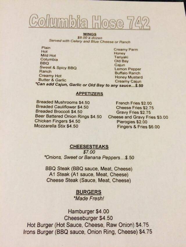 Columbia Hose Bar & Grille - Shenandoah, PA menu_pic
