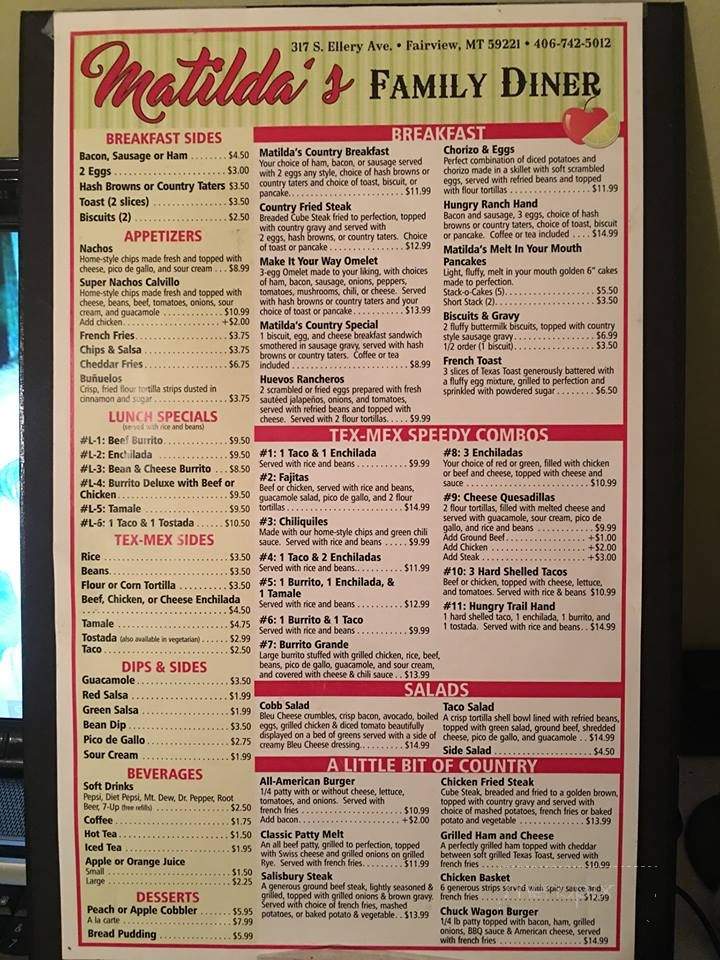 Matilda's Family Diner - Fairview, MT menu_pic