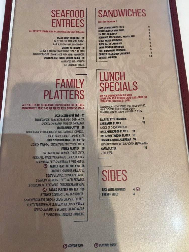 Zaza's Italian and Mediterranean Cuisine - Dearborn, MI menu_pic