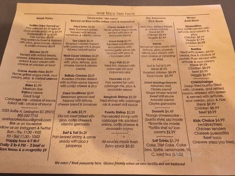 One Taco Two Taco - Lexington, SC menu_pic