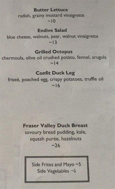 Bistro Wagon Rouge - Vancouver, BC menu_pic