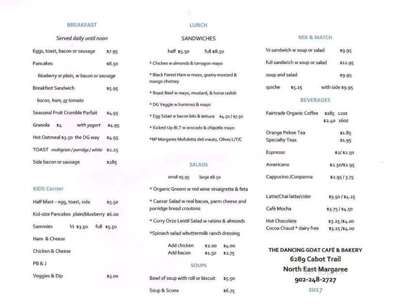 Dancing Goat Cafe and Bakery - Margaree Valley, NS menu_pic
