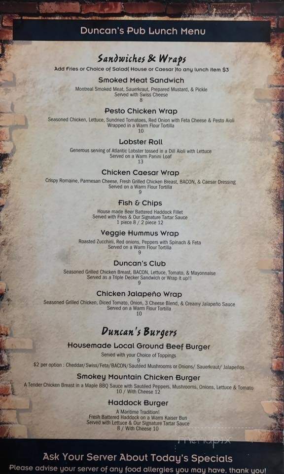 Duncan's Pub - Amherst, NS menu_pic