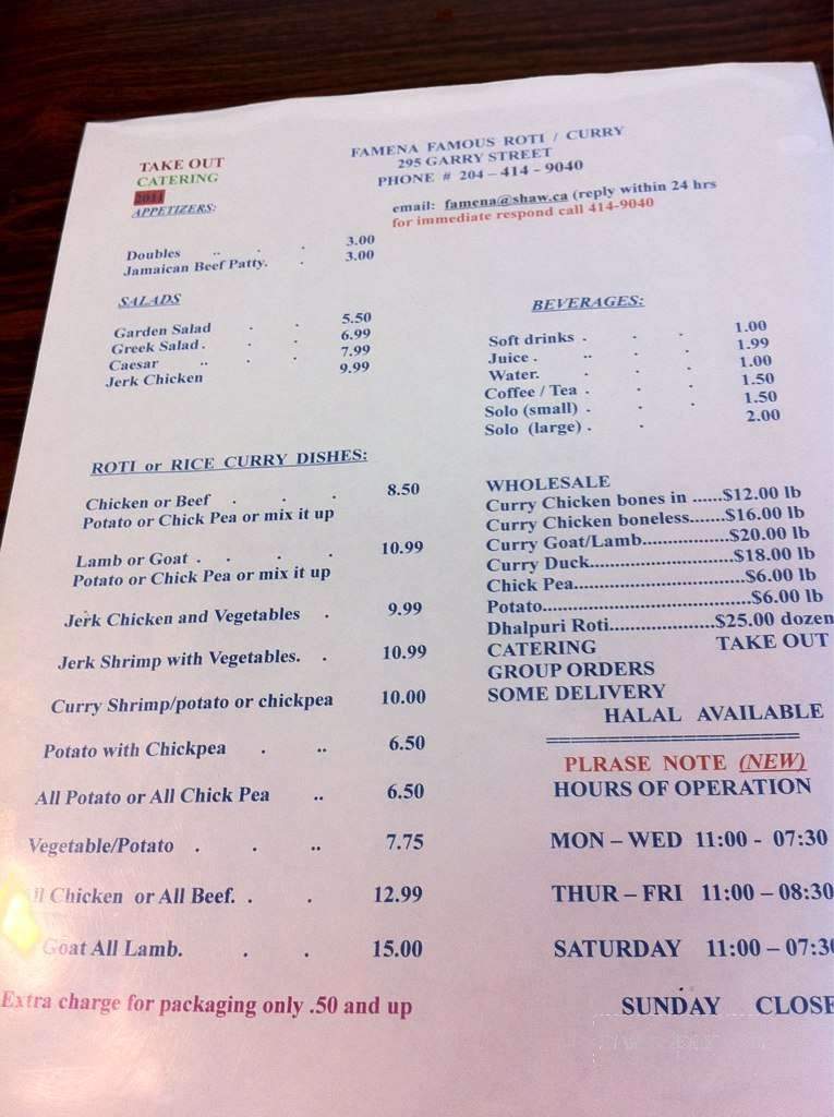 Famena's Famous Roti & Curry - Winnipeg, MB menu_pic