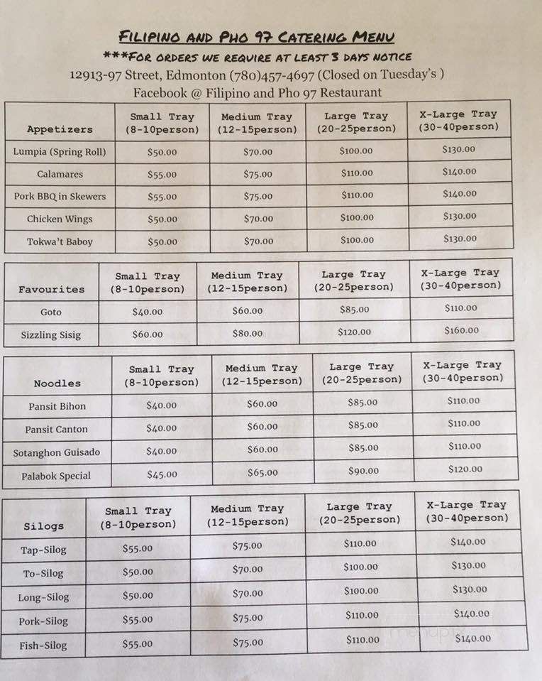Filipino and Pho 97 Restaurant - Edmonton, AB menu_pic