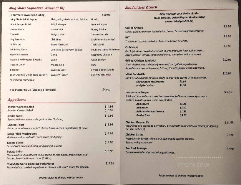 Mug Shotz Sports Bar & Grill - Calgary, AB menu_pic