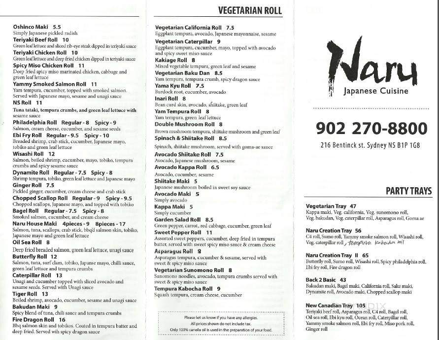 Menu of Naru Sushi in Sydney, NS B1P 1G8