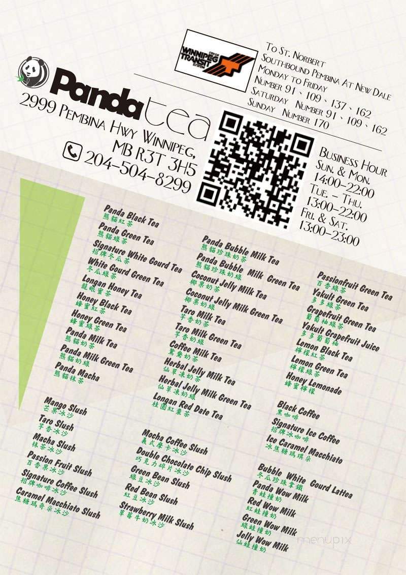 Panda Tea & Bubble Tea & Coffee - Winnipeg, MB menu_pic