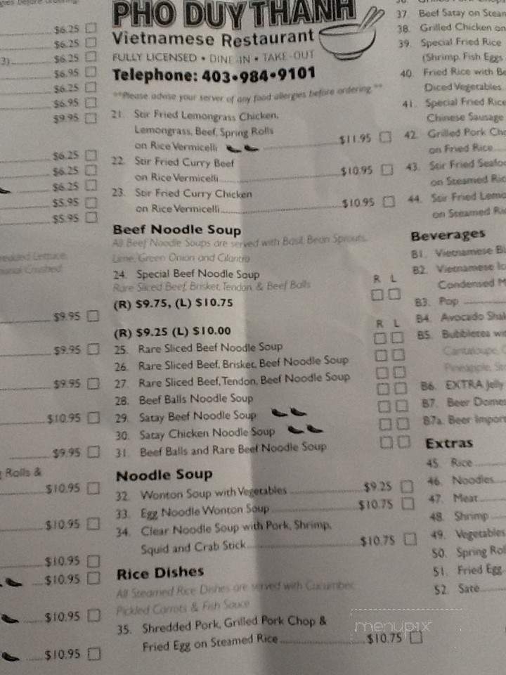 Pho Duy Thanh - Calgary, AB menu_pic