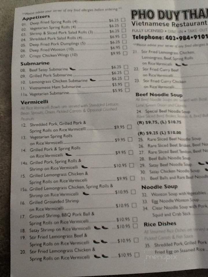 Pho Duy Thanh - Calgary, AB menu_pic