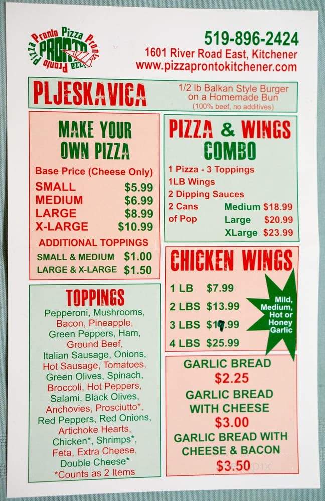 Pizza Pronto - Kitchener, ON menu_pic