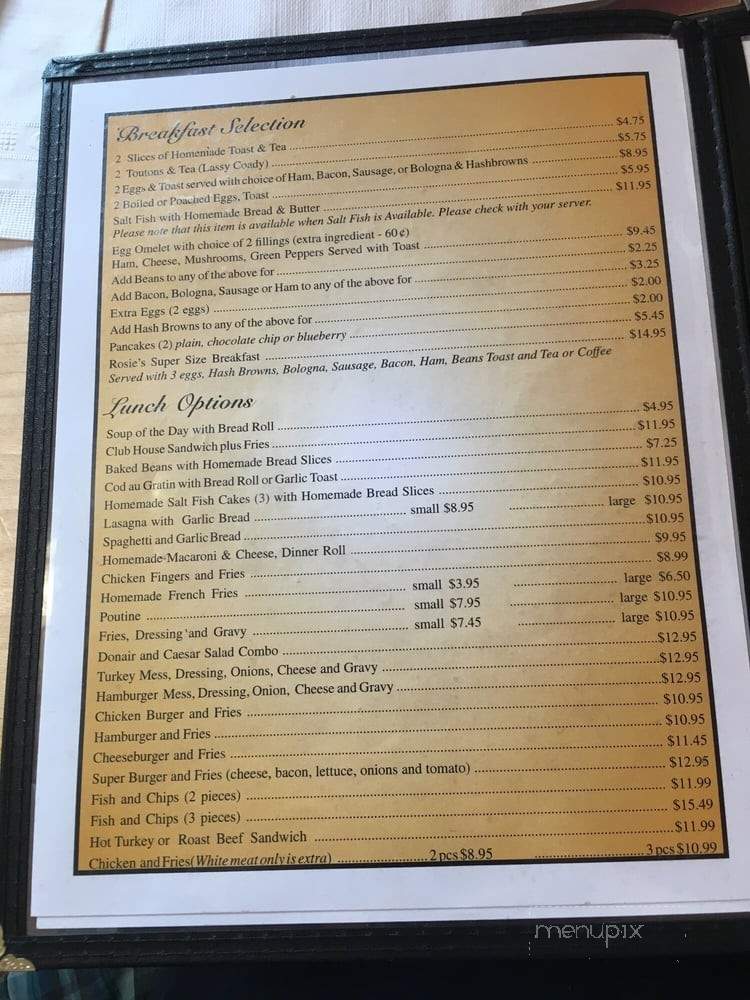 Rosie's Restaurant and Bakery - Gander, NL menu_pic