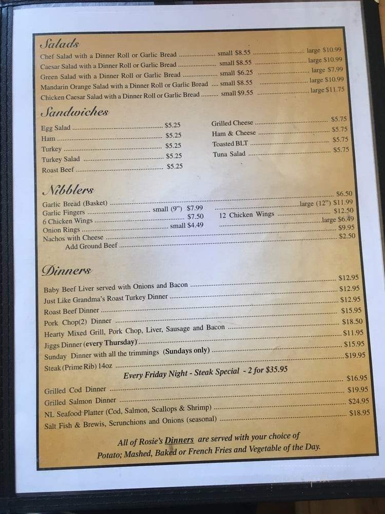 Rosie's Restaurant and Bakery - Gander, NL menu_pic