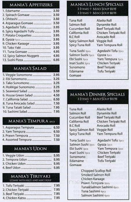 Sushi Mania - Vancouver, BC menu_pic