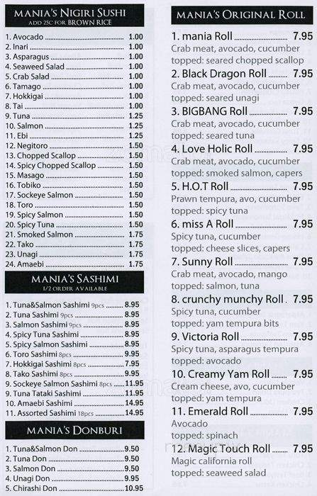 Sushi Mania - Vancouver, BC menu_pic