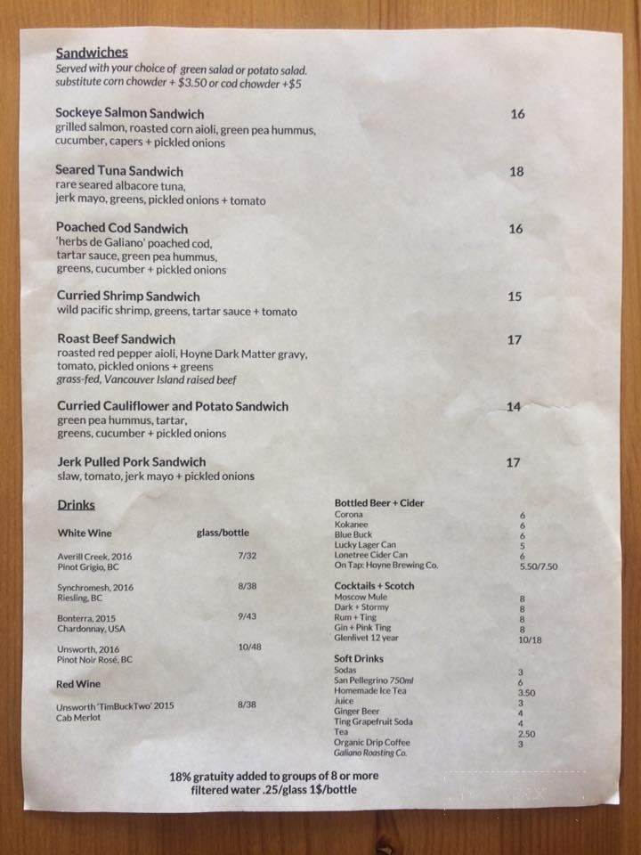 The Crane and Robin - Galiano Island, BC menu_pic