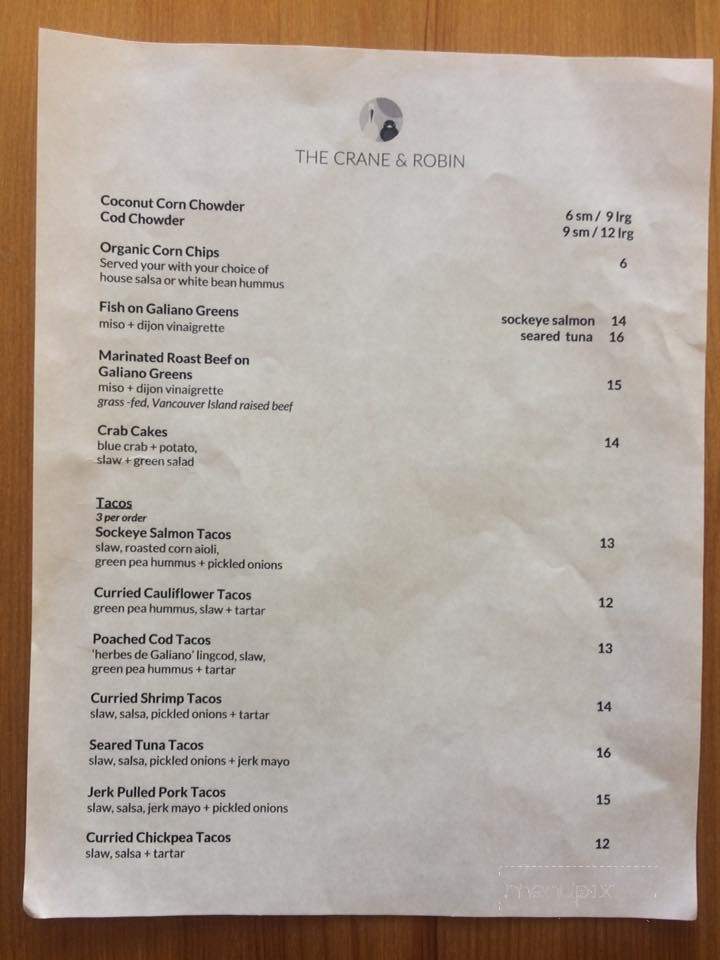 The Crane and Robin - Galiano Island, BC menu_pic